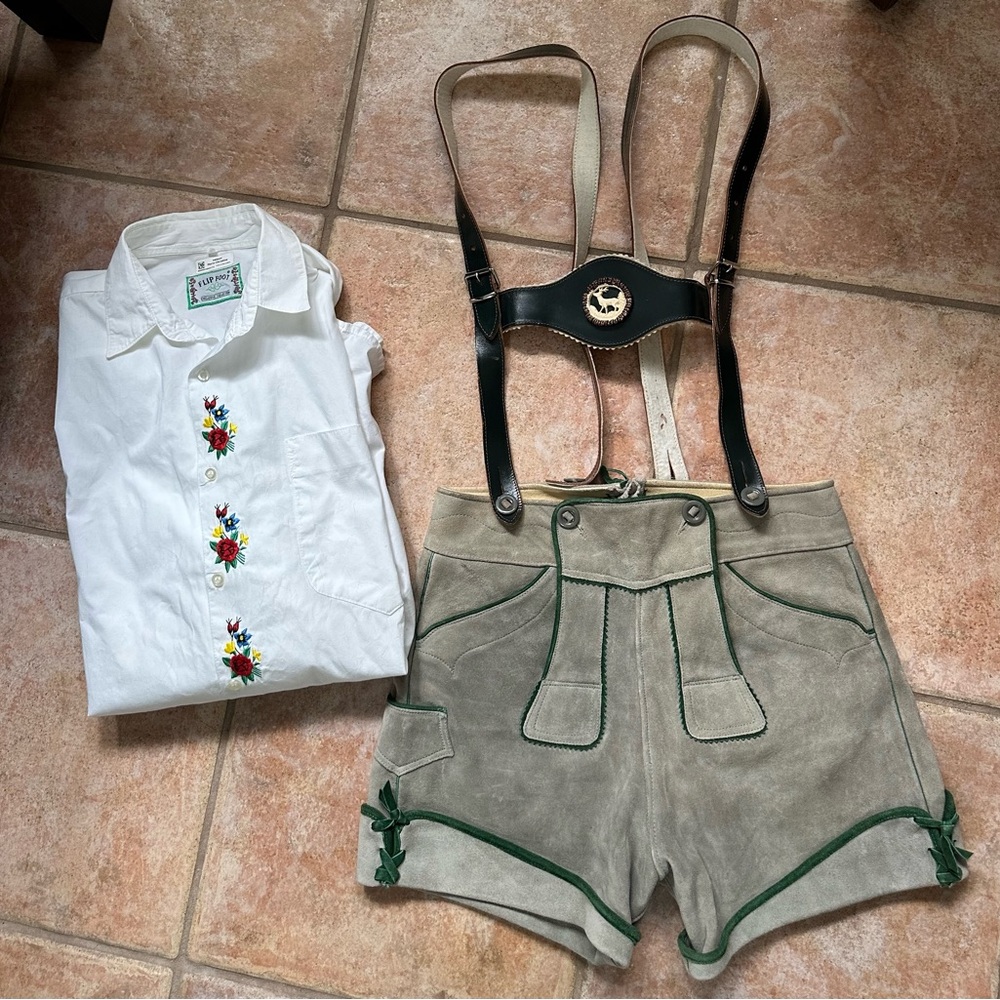 Vintage Lederhosen Shorter 5” inseam ADJUSTABLE 29” waist and Tracheten Shirt